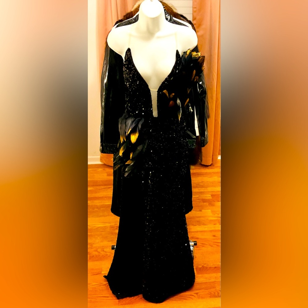 Sequin Gown with REAL FEATHERS!  Plunged Neckline, low back and a Sultry Split.